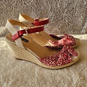 New Violet &‎ Red Women Red Daisy Floral Tie Wedge Espadrilles Sandals Size 8.5